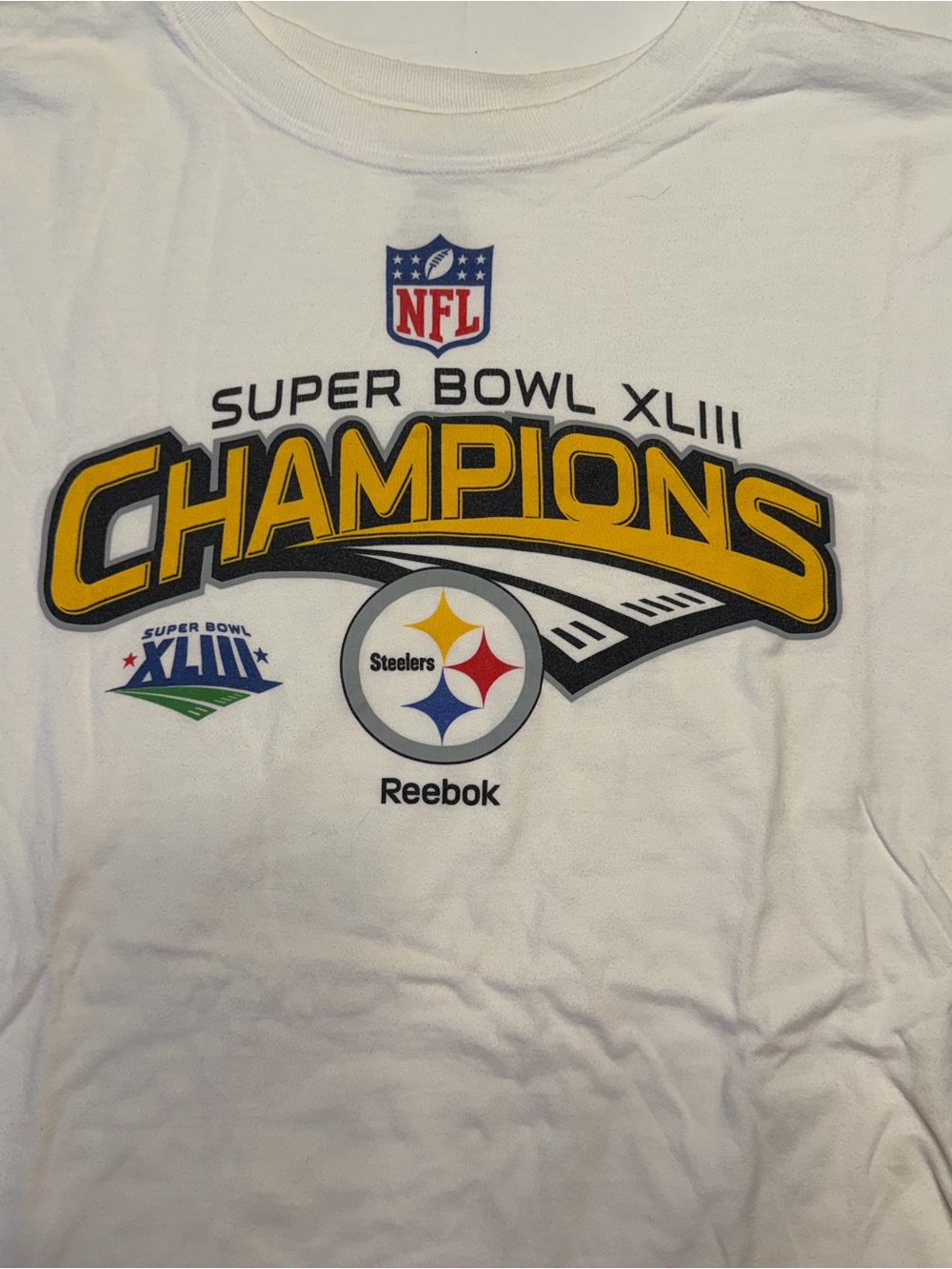 Reebok White Super Bowl XLIII Champions Steelers Graphic Tee XL